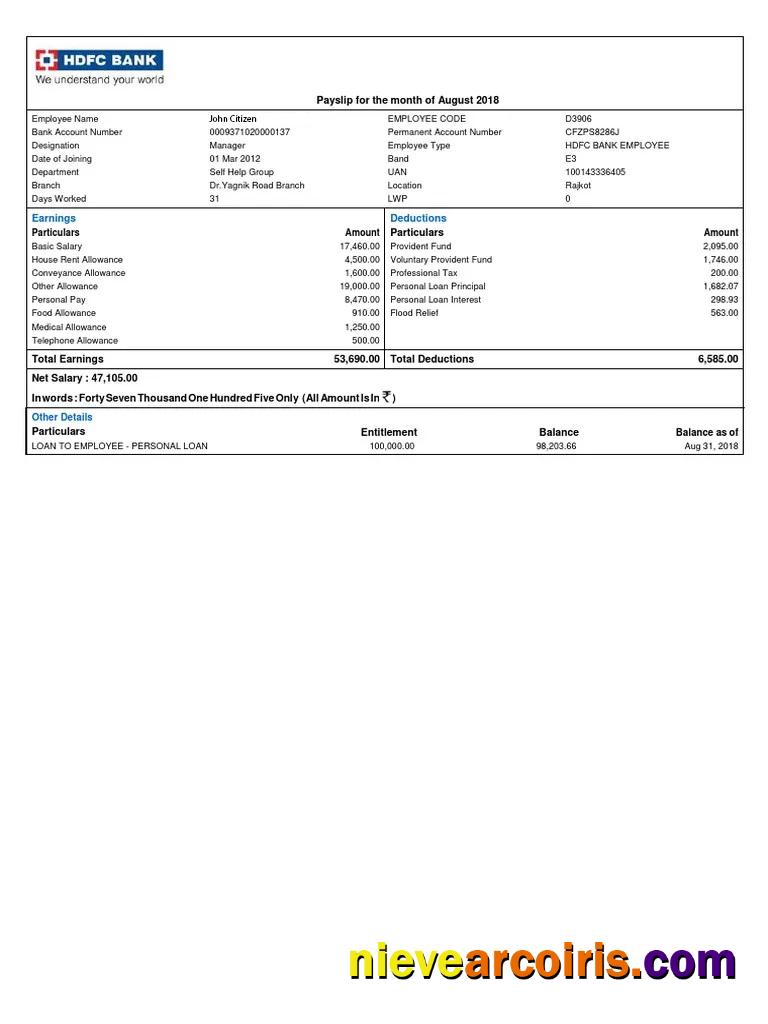 Professional INDIA HDFC Bank Payslip Template In Word And PDF Formats