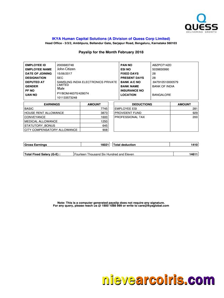 INDIA IKYA Human Capital Solutions Payslip In Word And PDF Formats Photolook