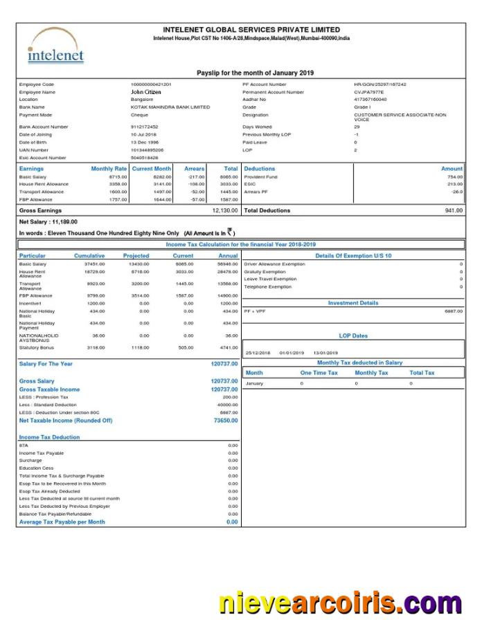 INDIA INTELENET Global Services Limited Payslip In Word And PDF Formats Template