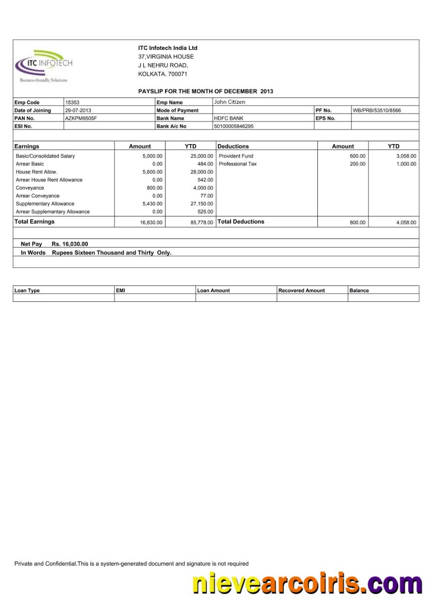 INDIA ITC Infotech India LTD Payslip In Word And PDF Formats Sample