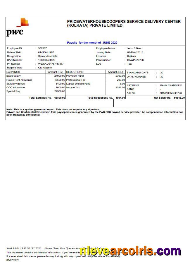 INDIA PRICEWATERHOUSECOOPERS Service Delivery Center (Kolkata) Private Limited Payslip In Word And PDF Formats Sample
