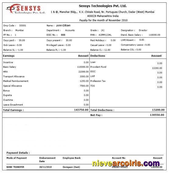 INDIA SENSYS Technologies Pvt. Ltd. Payslip In Word And PDF Formats Sample