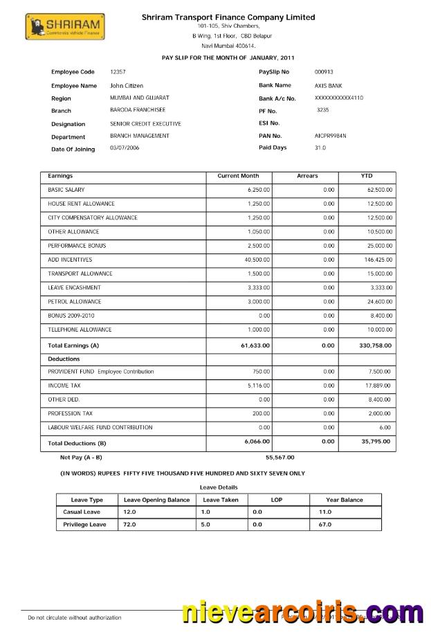 INDIA SHRIRAM Transport Finance Company Limited Payslip In Word And PDF Formats Photolook