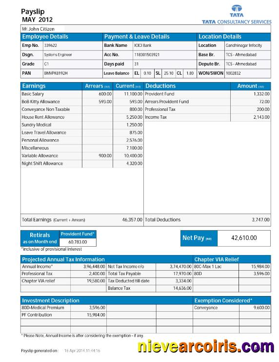 INDIA TATA Consultancy Services Payslip In Word And PDF Formats Photolook