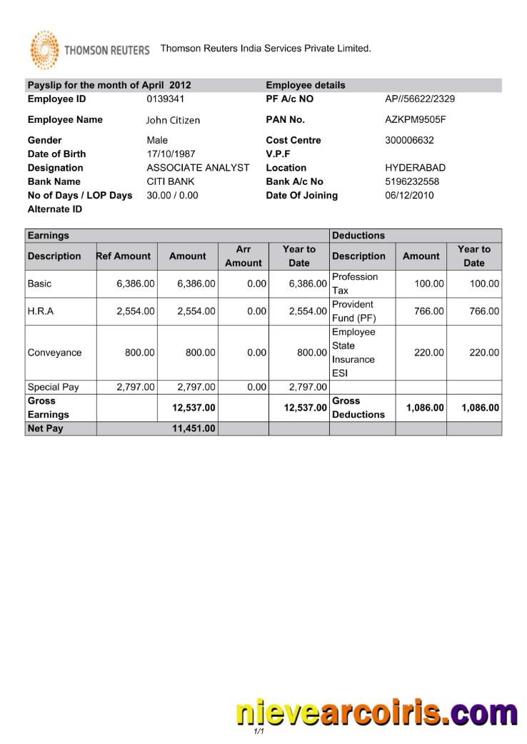 Realistic INDIA THOMSON Reuters India Services Private Limited Payslip Template In Word And PDF Formats