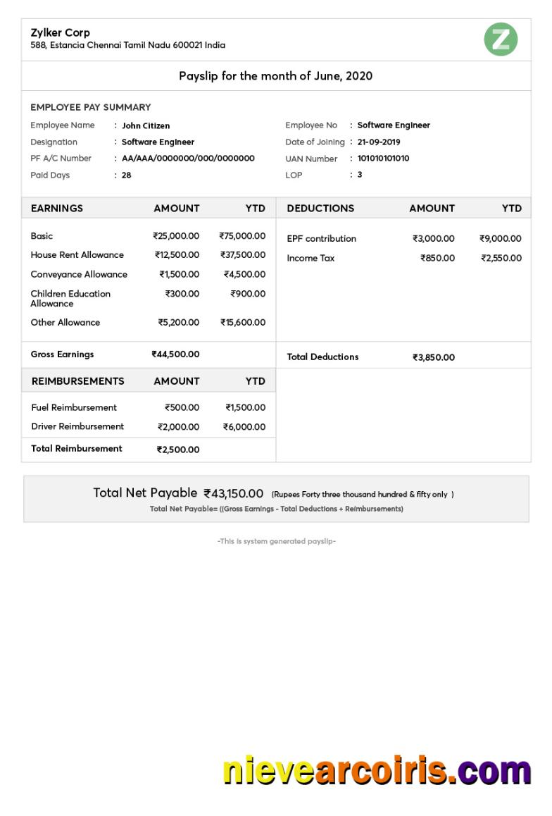 Editable INDIA ZYLKER Corporation Payslip Template In Word And PDF Formats