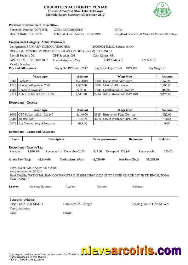 INDIA Education Authority Punjab Mpnthly Salary Statement In Word And PDF Formats Preview