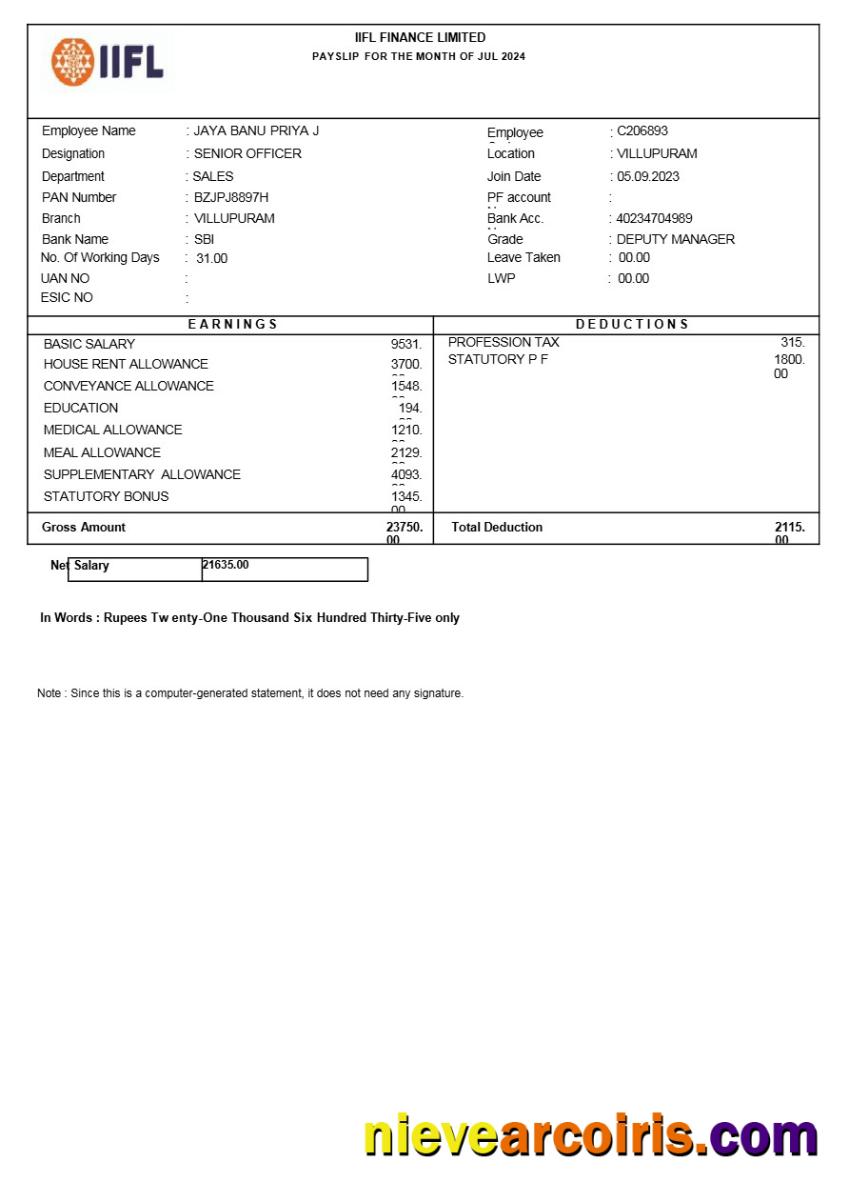 Professional Iifl Finance Payslip Template In Word And PDF Formats.pdf, 1