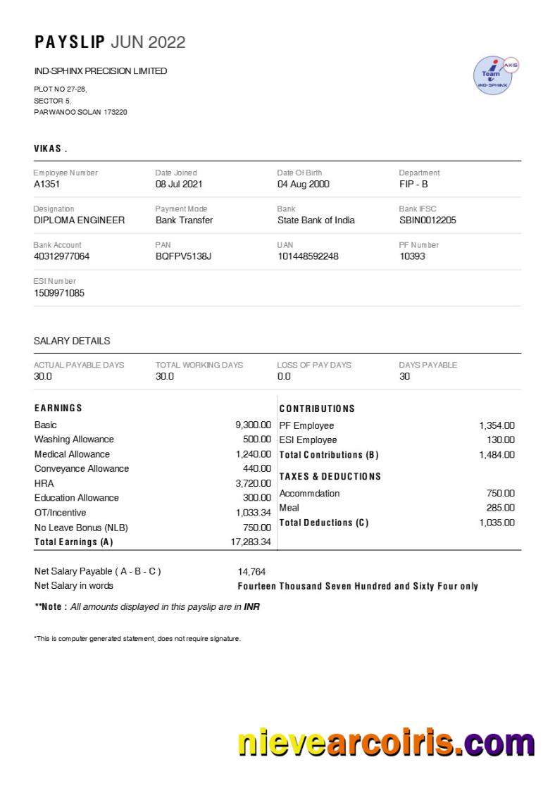 Realistic Ind Sphinx Precision (Tool Manufacturer) Payslip Template In Word And PDF Formats.pdf, 1