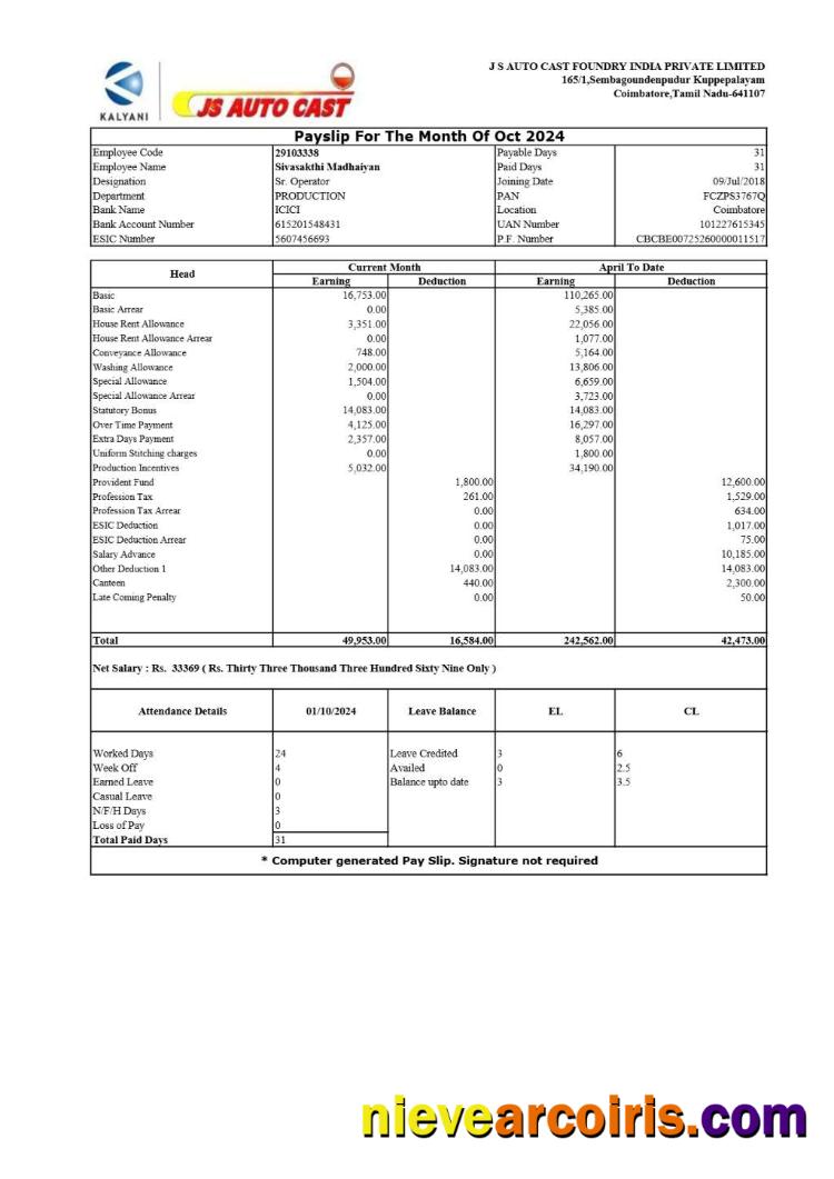 Professional JS Auto Cast Foundry India Payslip Template In Word And PDF Formats.pdf, 1
