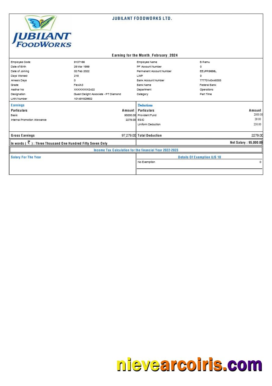 Editable Jubilant FoodWorks Payslip Template In Word And PDF Formats.pdf, 1