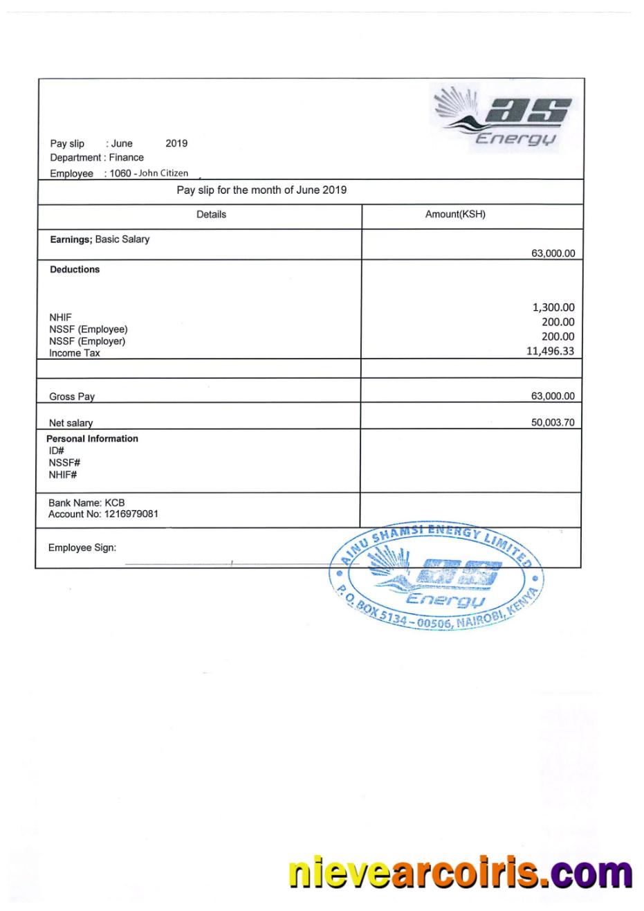 KENYA AINU Shamsi Energy Limited Payslip In Word And PDF Formats Preview
