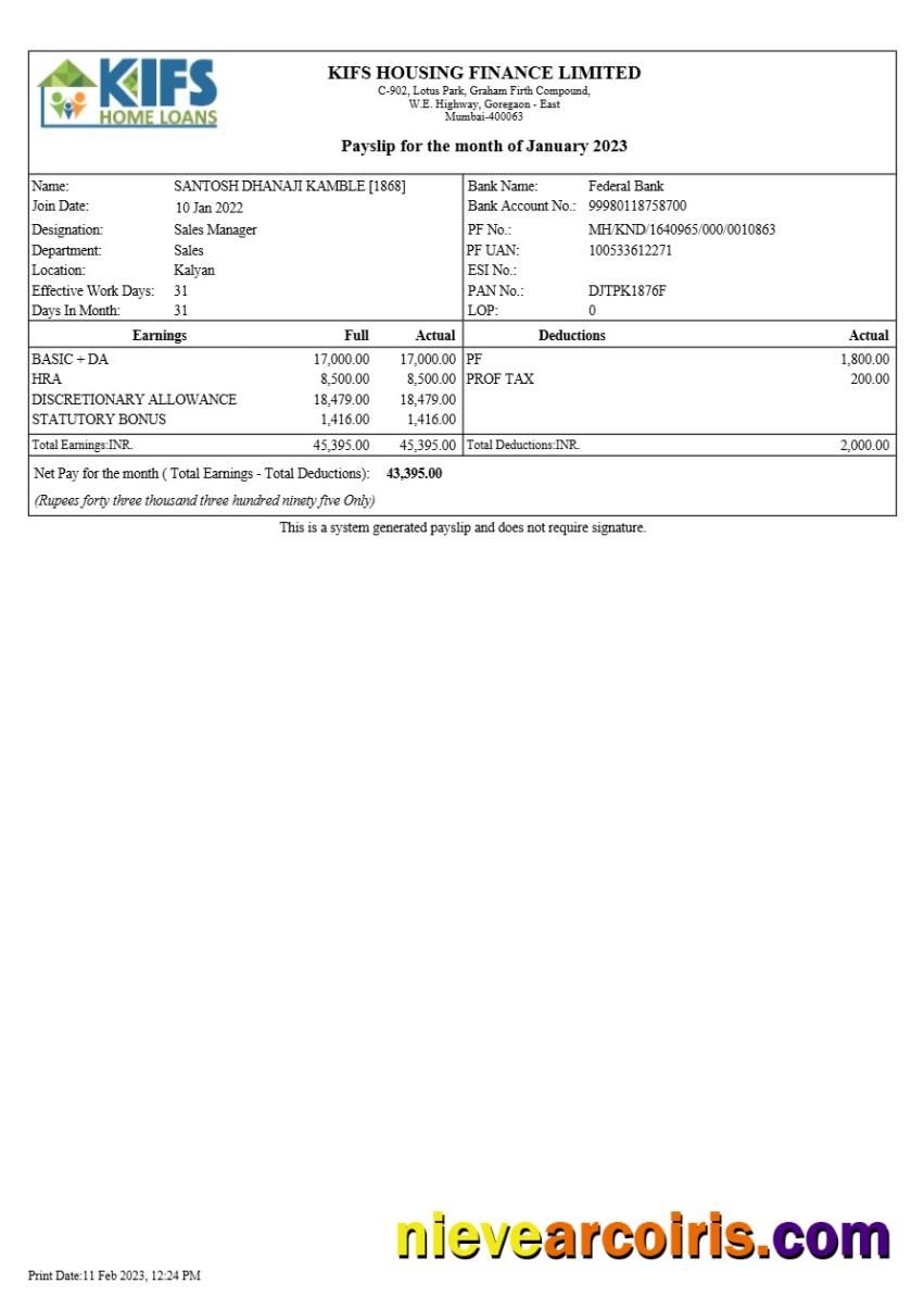 Premium KIFS Housing Finance Payslip Template In Word And PDF Formats.pdf, 1