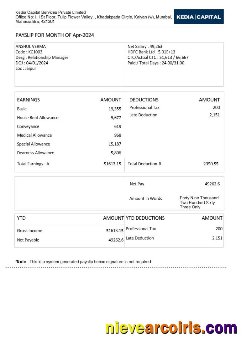 Professional Kedia Capital Services Investment Services Payslip Template In Word And PDF Formats.pdf, 1