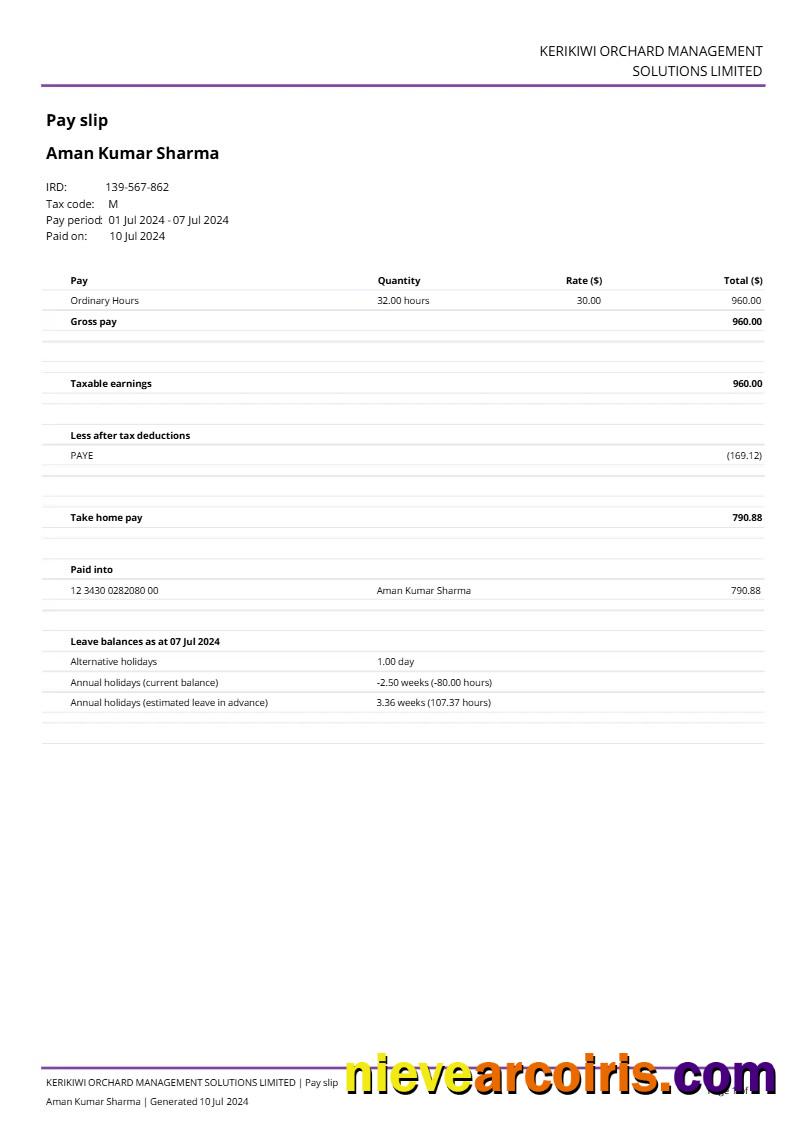 Premium Kerikiwi Orchard Management Solutions Payslip Template In Word And PDF Formats.pdf, 1