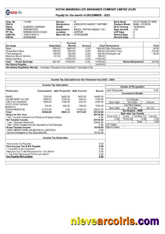 Editable Kotak Life Insurance Company Payslip Template In Word And PDF Formats.pdf, 1