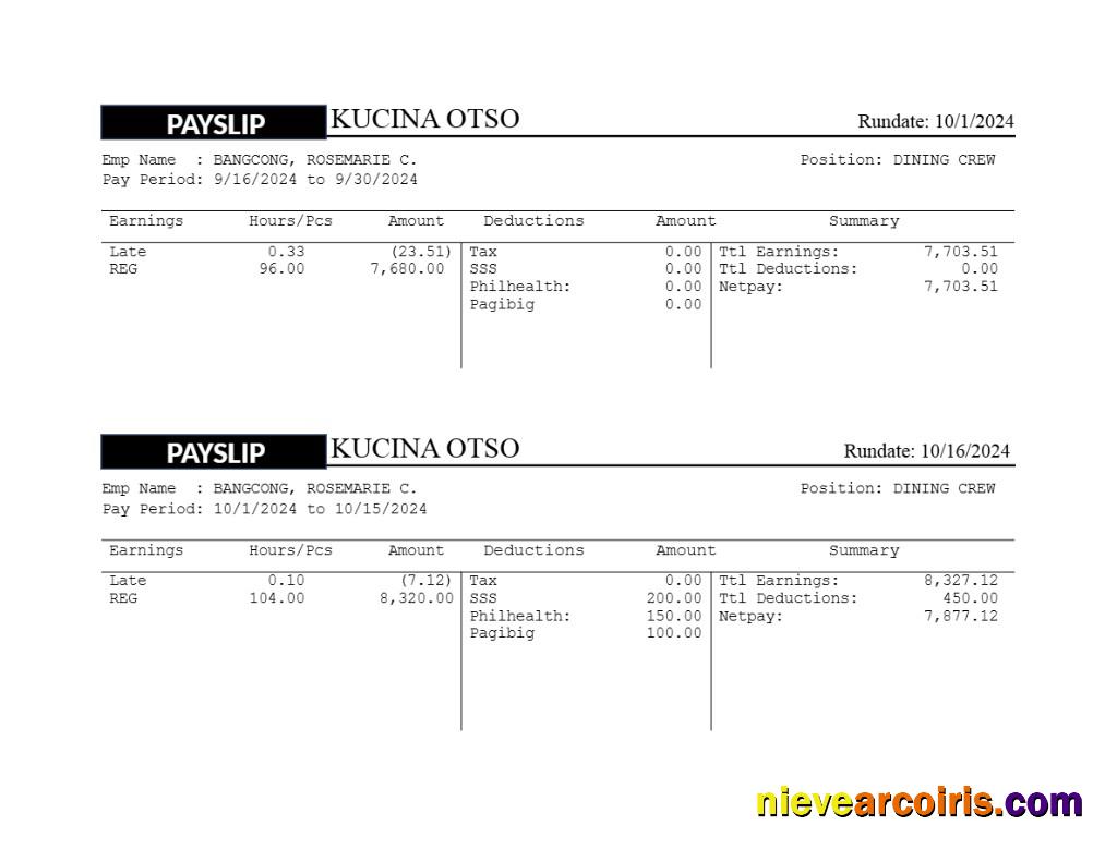 Professional Kusina Otso Restaurant Payslip Template In Word And PDF Formats.pdf, 1