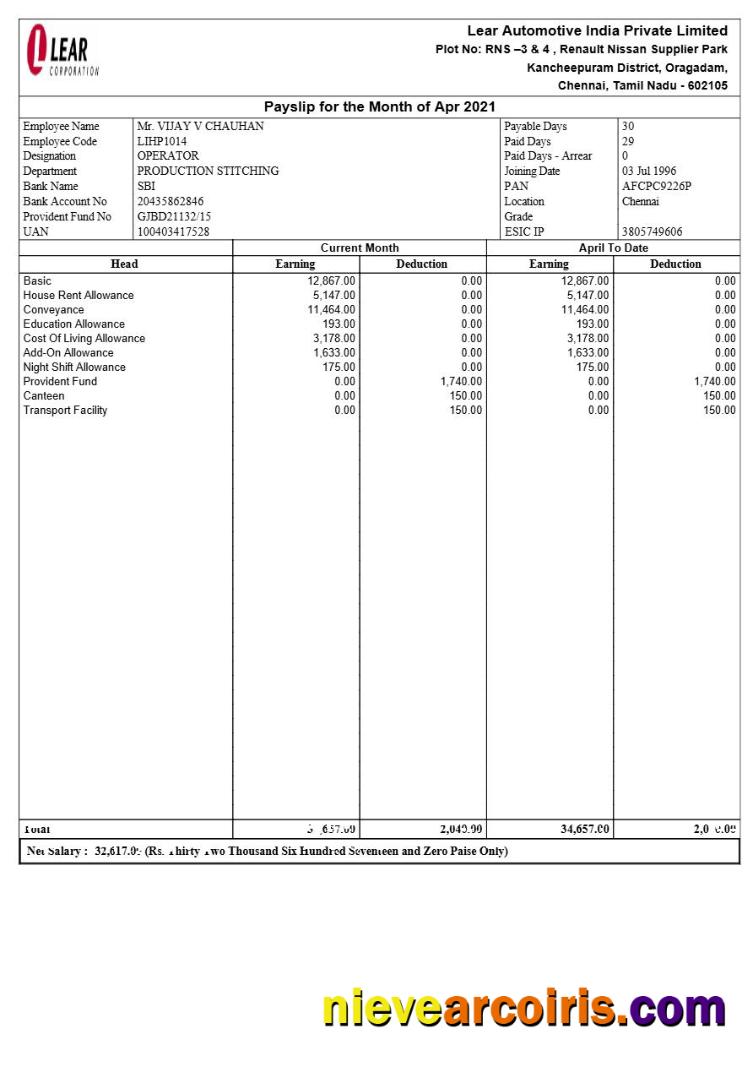 Professional Lear Automotive India Payslip Template In Word And PDF Formats.pdf, 1