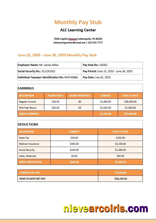Editable Learning Center Monthly Paystub Word And PDF Template