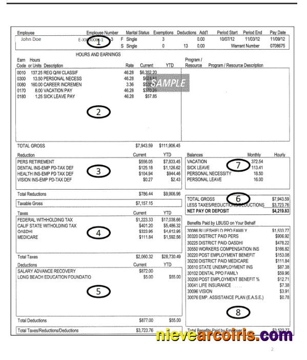 Premium Long Beach Unified School District Employee Pay Stub Word And PDF Template