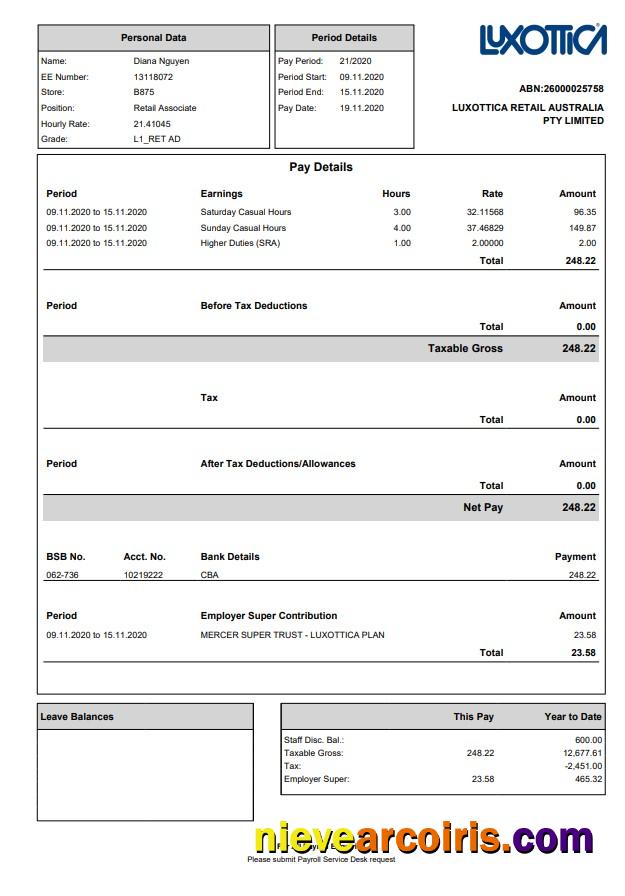 Luxottica Retail Paystub Photolook