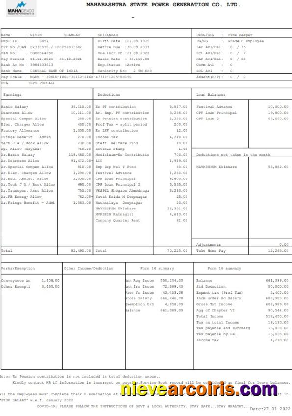 Maharashtara State Power Generation Co. Paystub Sample