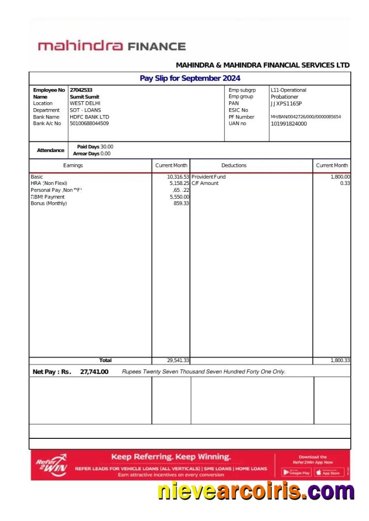 Premium Mahindra Financial Services LTD Payslip Template In Word And PDF Formats.pdf, 1