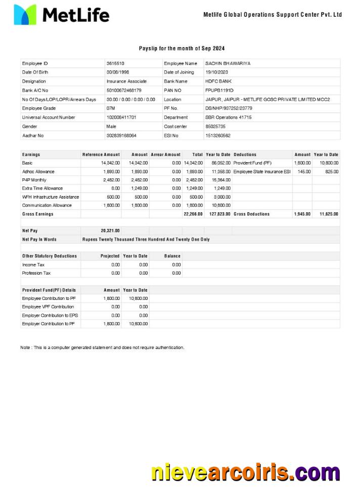Editable Metlife Global Operations Support Center Payslip Template In Word And PDF Formats.pdf, 1