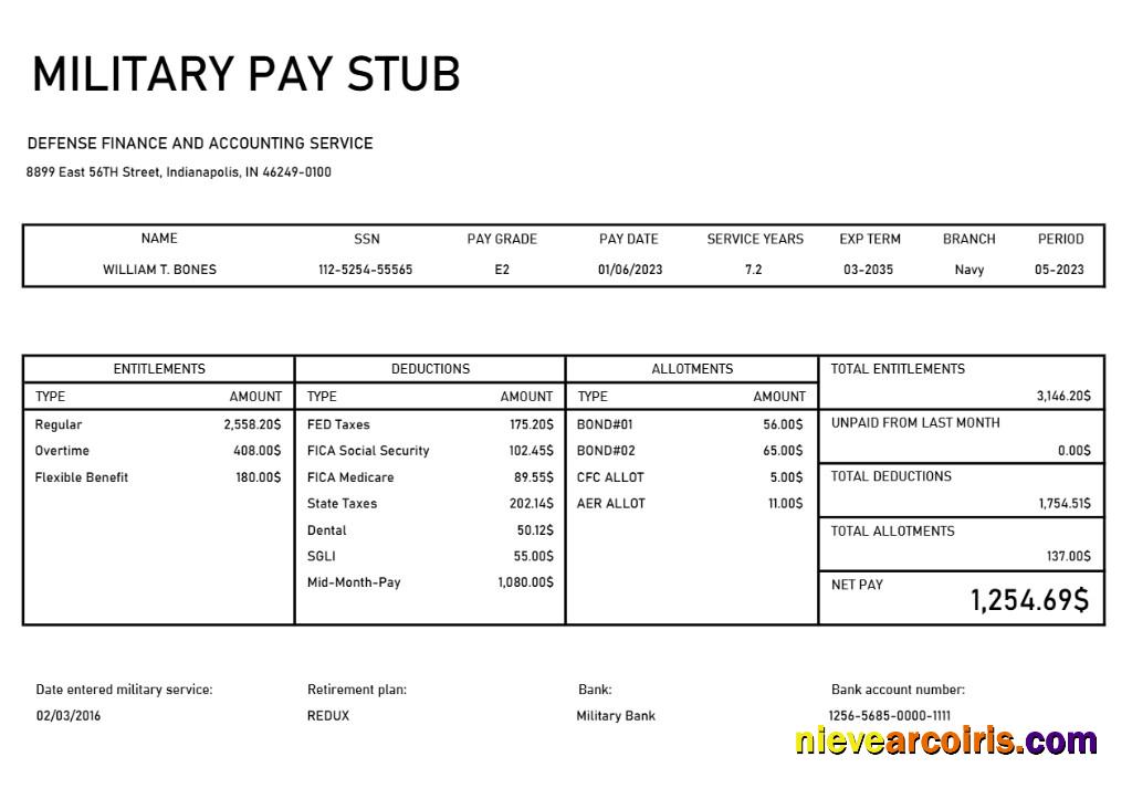 Professional Military Pay Stub Template In Excel And PDF Formats