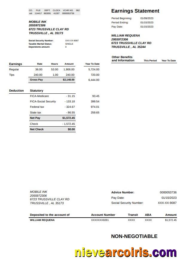 Mobie INK Earnings Statement Sample