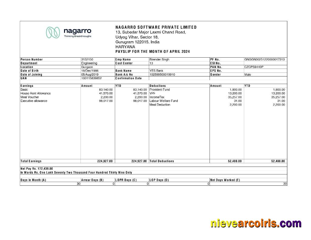 Realistic Nagarro Software Payslip Template In Word And PDF Formats.pdf, 1