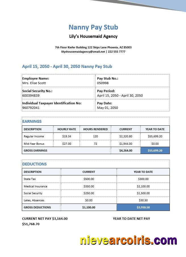 Realistic Nanny Pay Stub Template