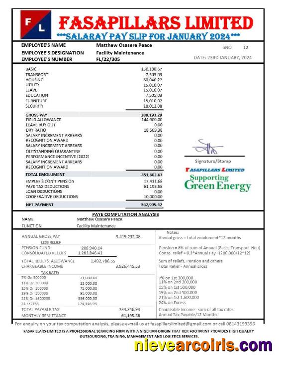 Realistic Nigeria Fasapillars Limited Corporate Office Payslip Template In Word And PDF Formats.pdf, 1