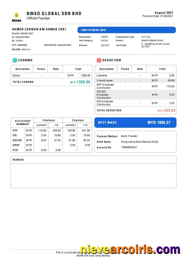 Realistic Ninso Global Sdn. Bhd. Payslip Template In Word And PDF Formats.pdf, 1