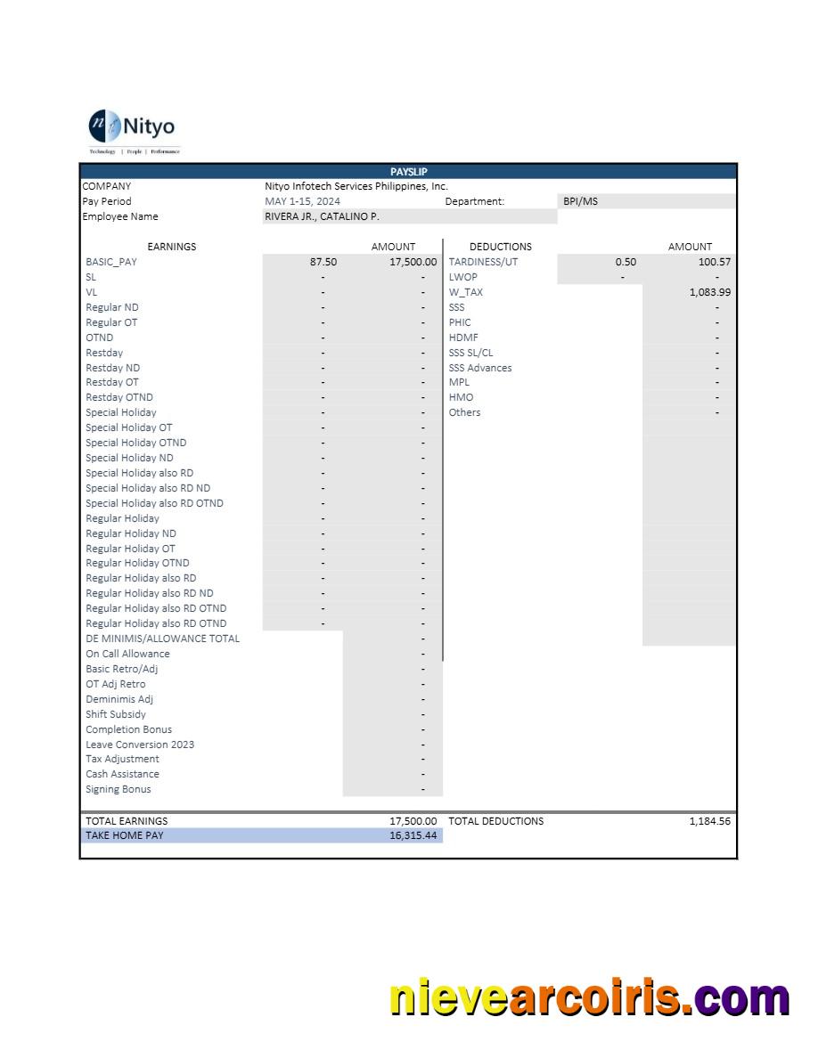 Professional Nityo Infotech Services Philippines Payslip Template In Word And PDF Formats.pdf, 1