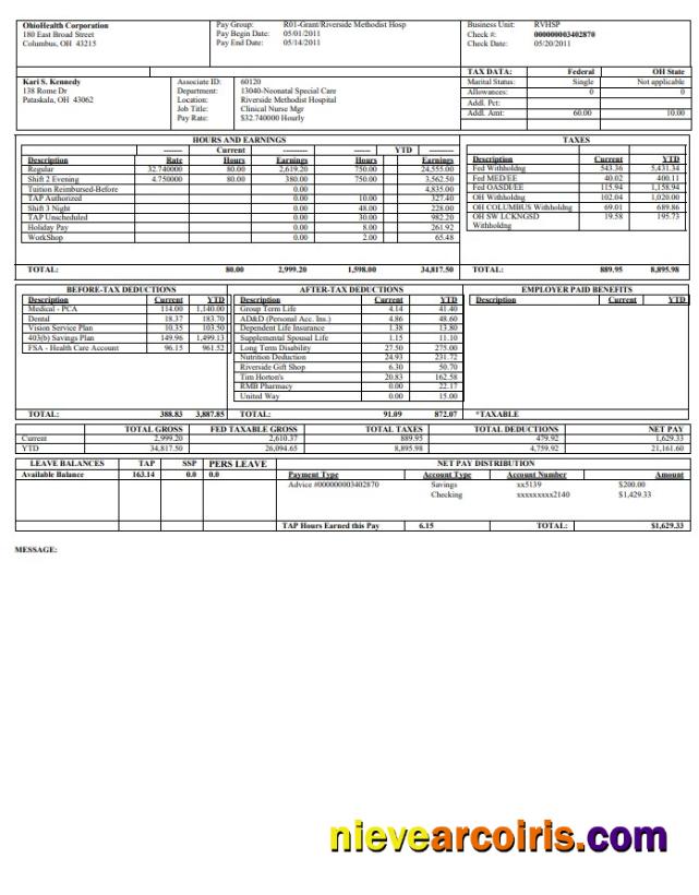 OhioHealth Corporation Paystub Photolook