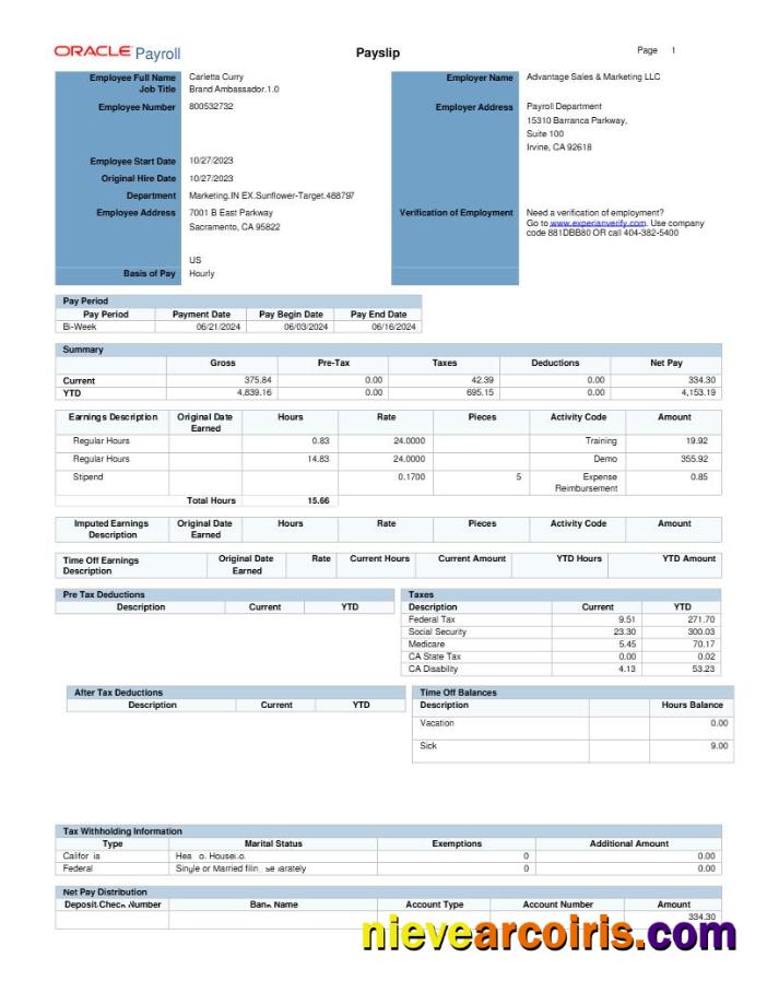 Realistic Oracle Payroll Advantage Sales & Marketing LLC Payslip Template In Word And PDF Formats.pdf, 1
