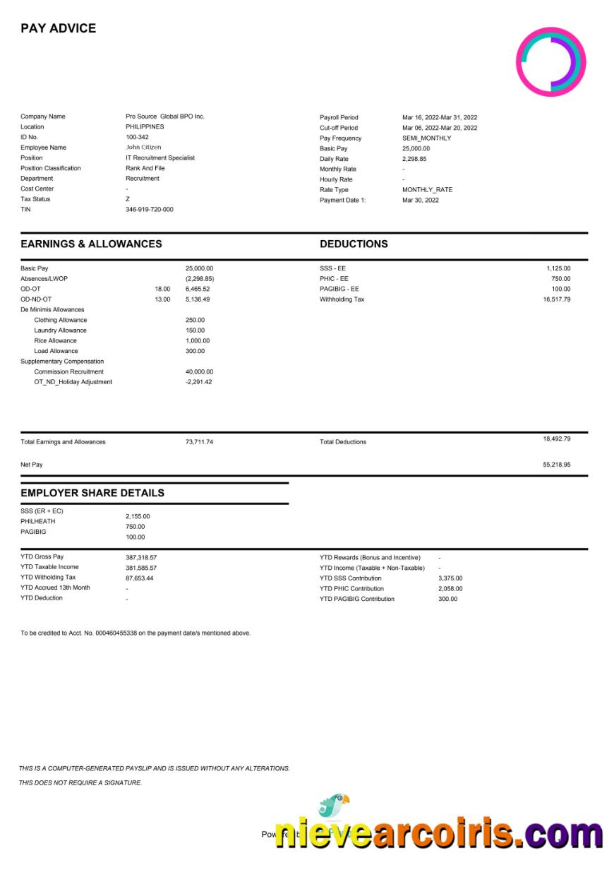 PHILIPPINES PRO Source Global BPO Inc. Paystub In Word And PDF Format Photolook