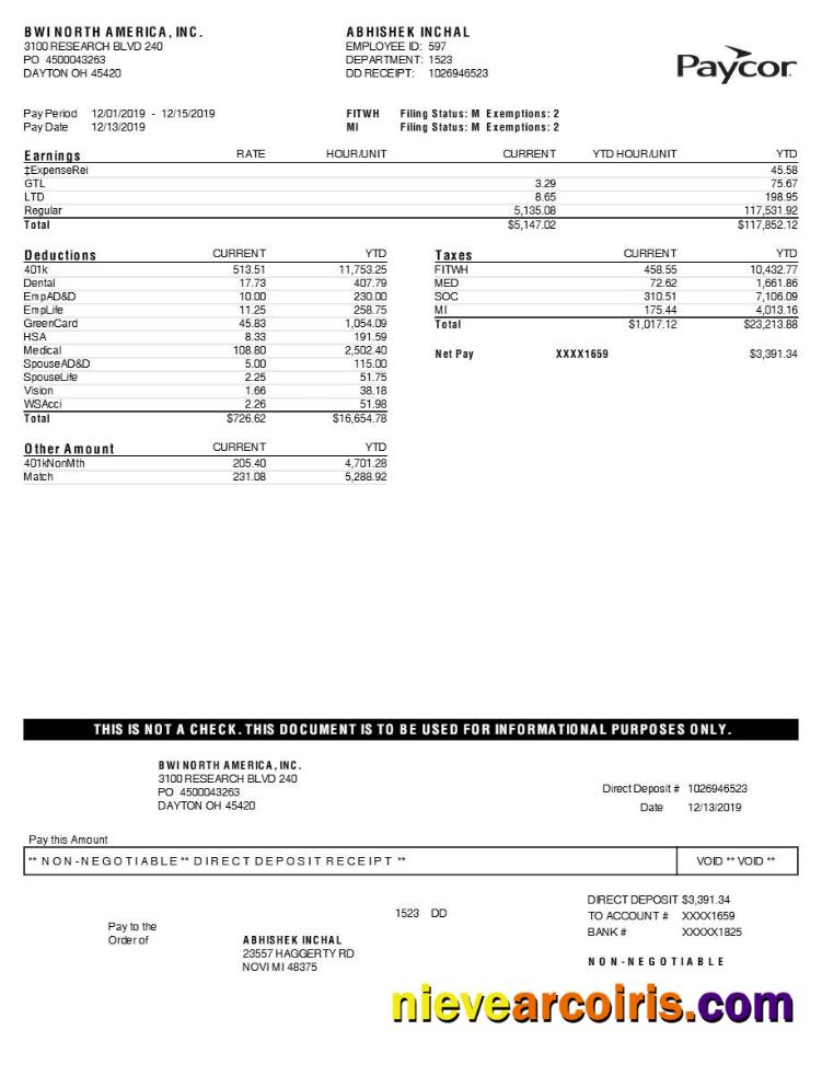 Realistic Paycor BWI NORTH AMERICA, INC. Earnings Statement Template In Word And PDF Formats.pdf, 1