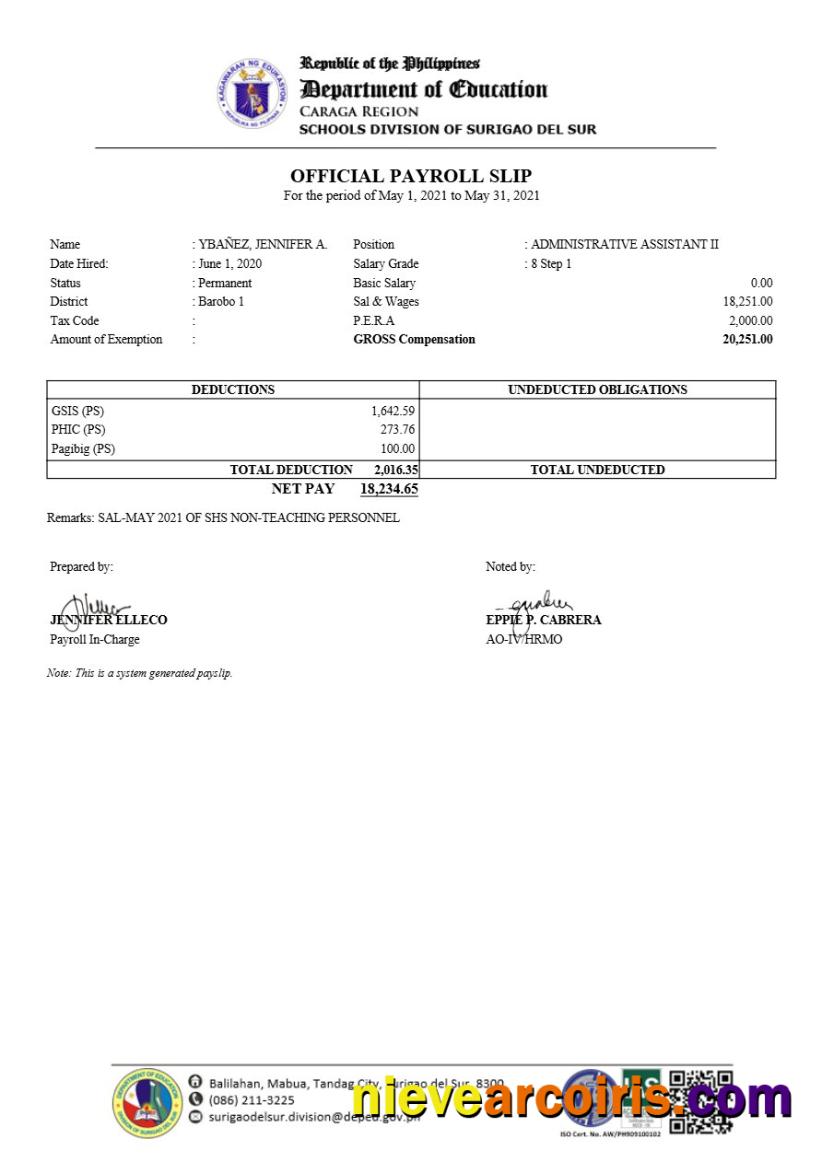 Realistic Philippines Schools Division Of Surigao Del Sur Payroll Slip Template In Word And PDF Formats.pdf, 1