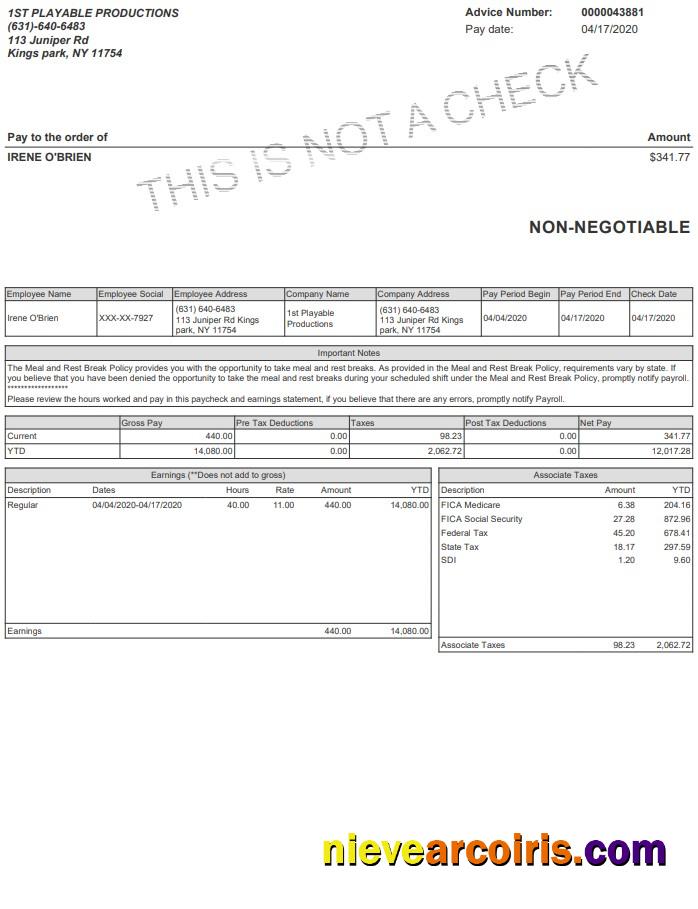 Playable Productions Paystub Sample
