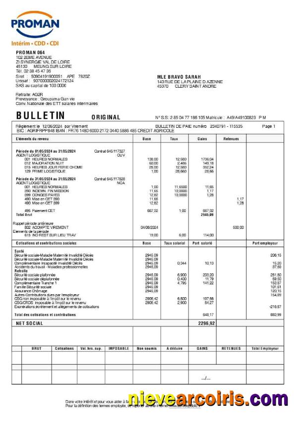 Professional Proman Recrutement Payslip (in French Language) Template In Word And PDF Formats, Version 2.pdf, 1