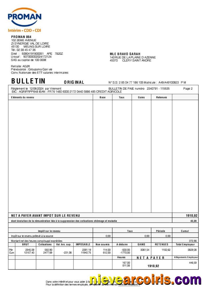 Realistic Proman Recrutement Payslip (in French Language) Template In Word And PDF Formats, Version 2.pdf, 2