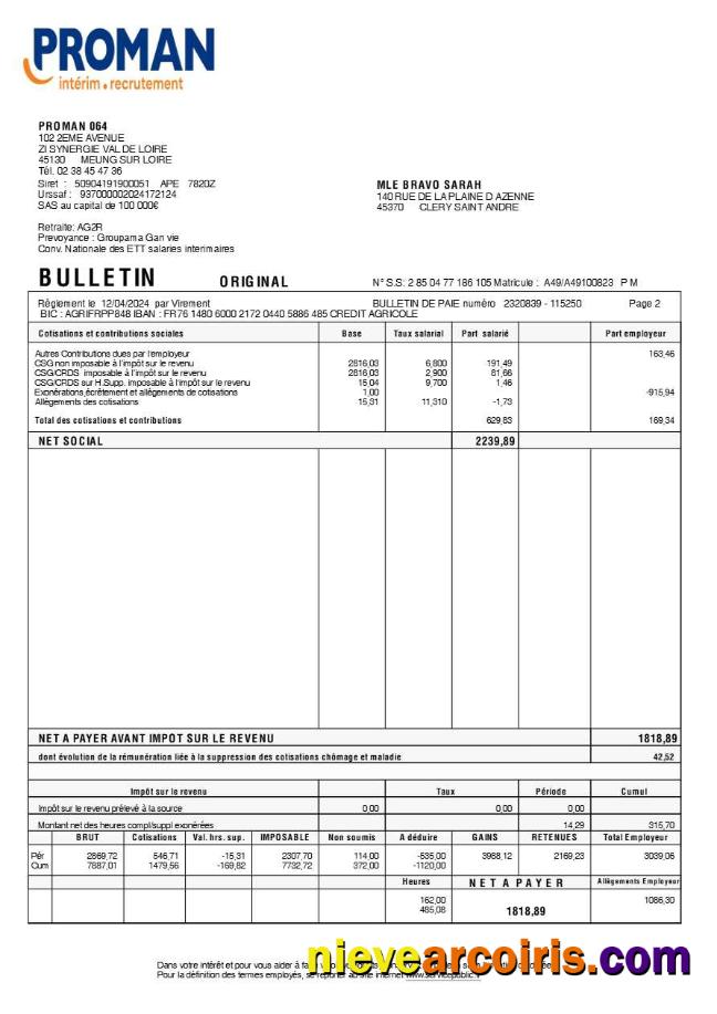 Editable Proman Recrutement Payslip (in French Language) Template In Word And PDF Formats.pdf, 2