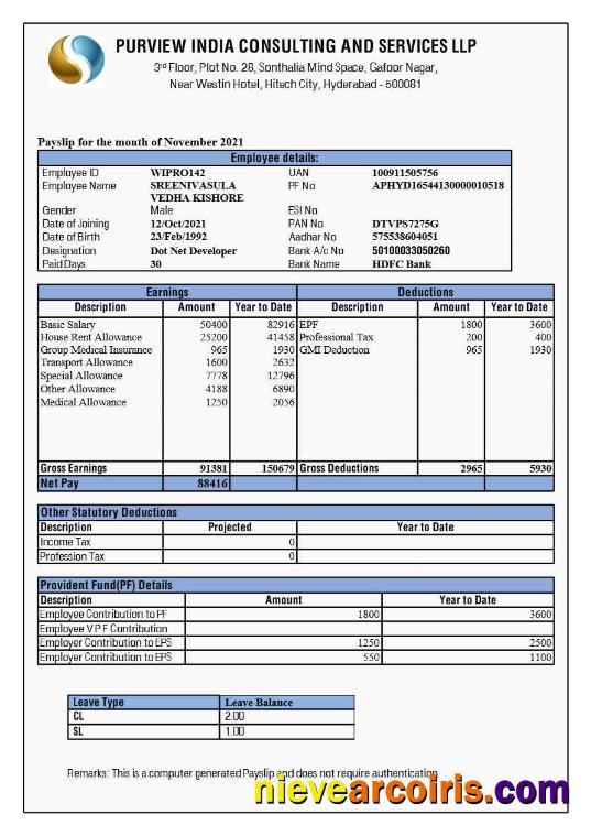 Professional Purview India Consulting And Services Payslip Template In Word And PDF Formats.pdf, 1