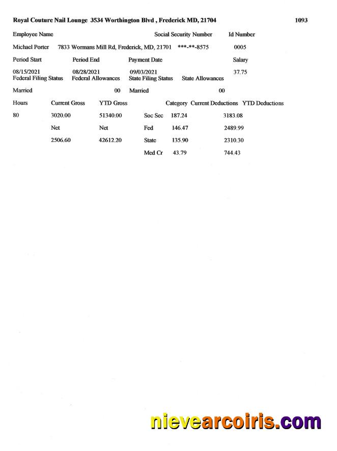 ROYAL COUTURE NAIL LOUNGE Pay Stub In PDF And Word Format Photolook