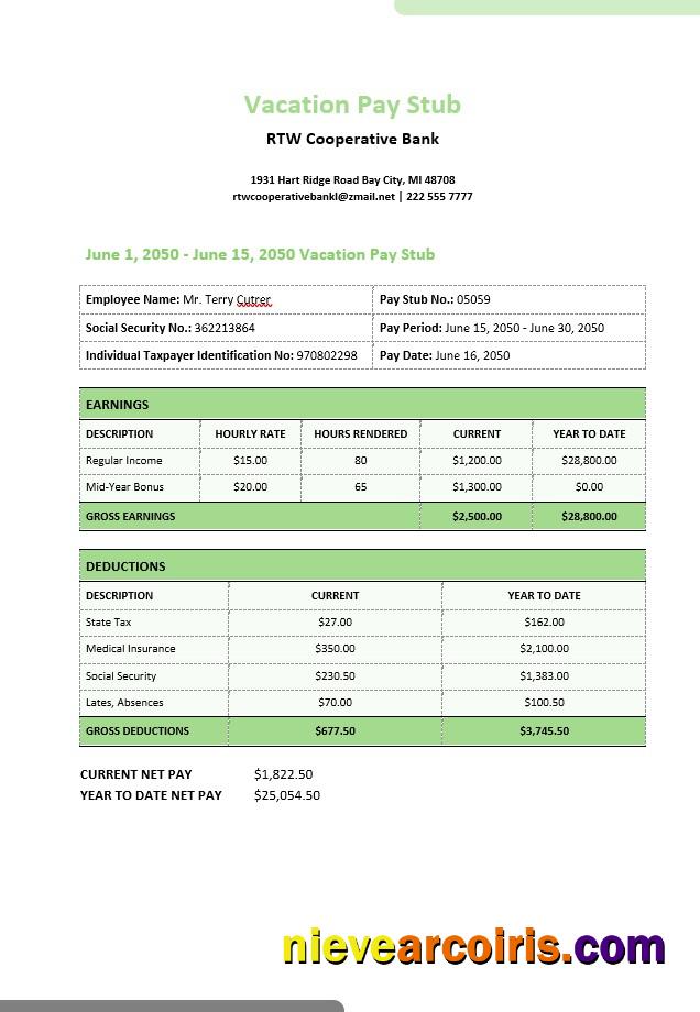 RTW Cooperative Bank Vacation Pay Stub In PDf And Word Formats Template
