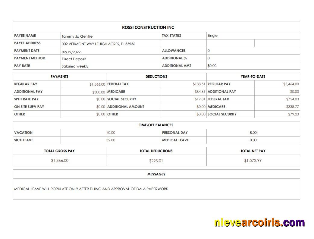 Rossi Construction Inc Pay Stub In PDf Ad Word Formats Sample