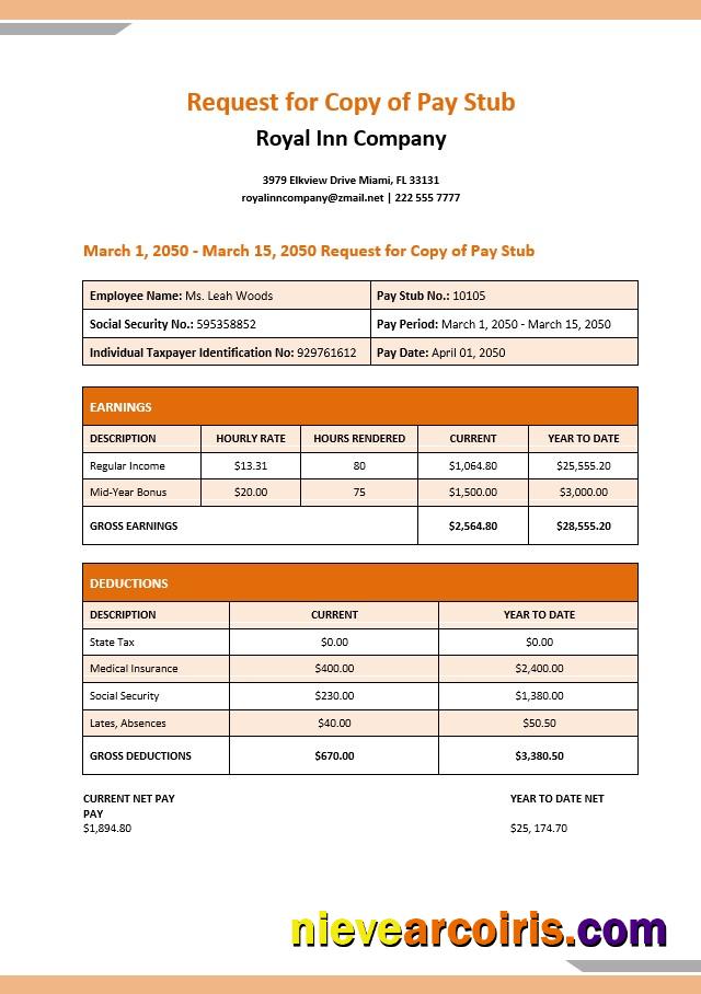 Royal Inn Company Pay Stub In PDF And Word Formats Sample