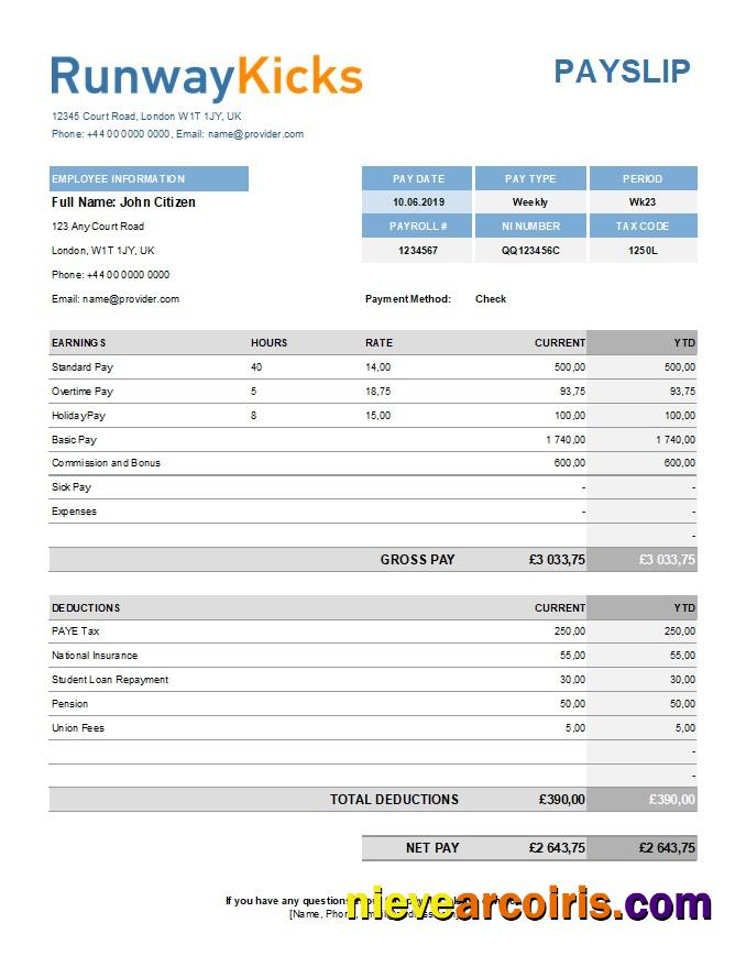 Editable Runway Kicks Company Payslip Template In Excel And PDF Formats